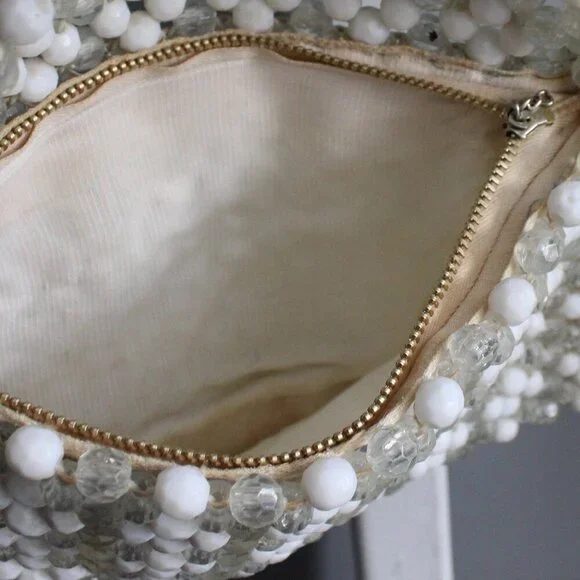 Vintage 1960s Clear & White Plastic Beaded Evening Party Handbag Purse - Picture 3 of 5